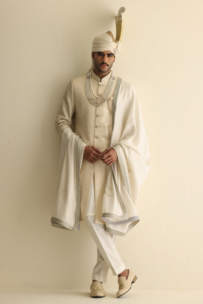Off-White Gold Jamawar Groom Sherwani (3-Piece) - Image 1