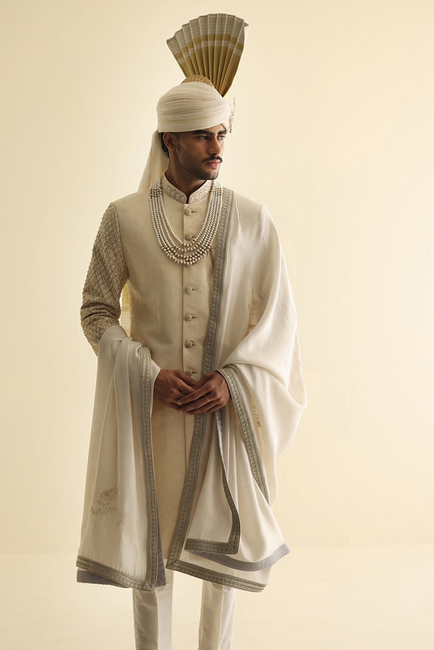 Off-White Gold Jamawar Groom Sherwani (3-Piece) - Image 2