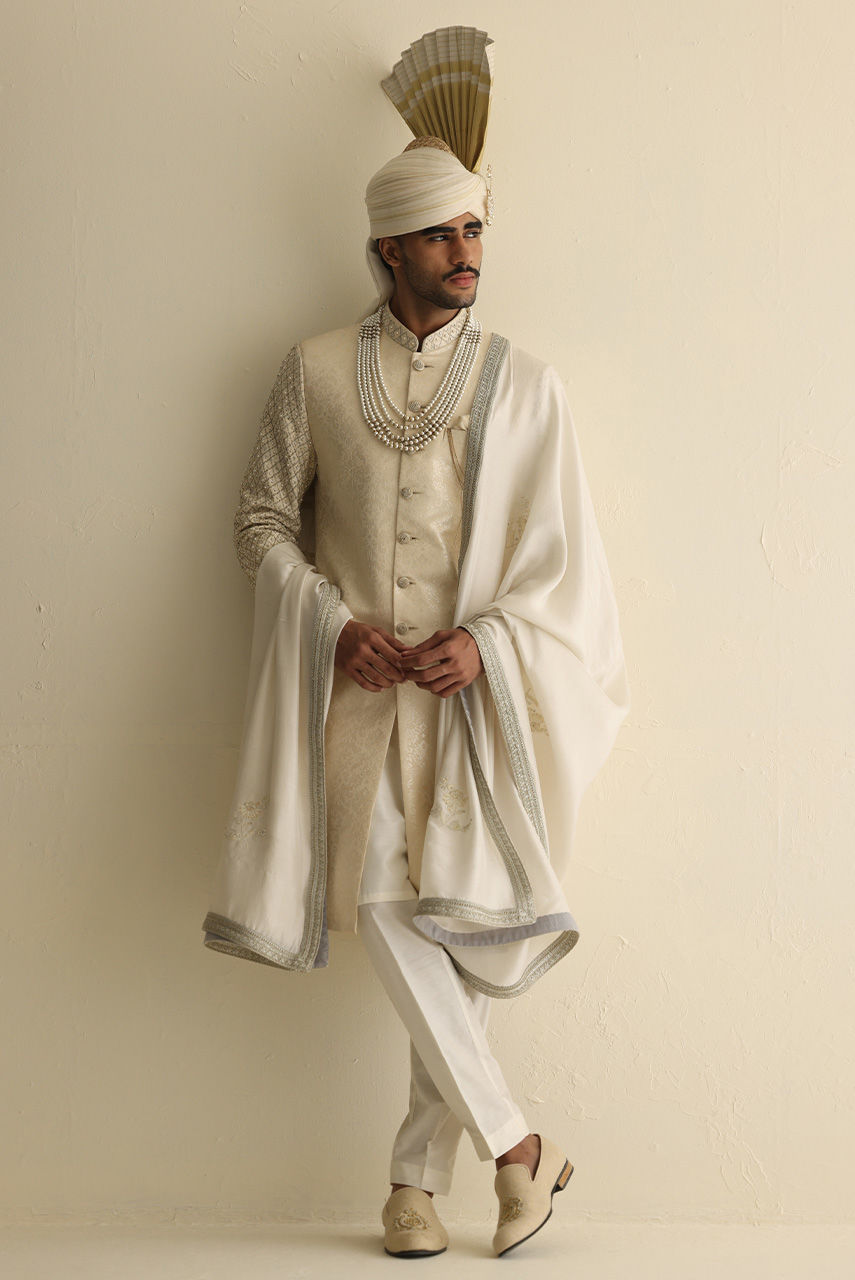 Off-White Gold Jamawar Groom Sherwani (3-Piece) - Image 3