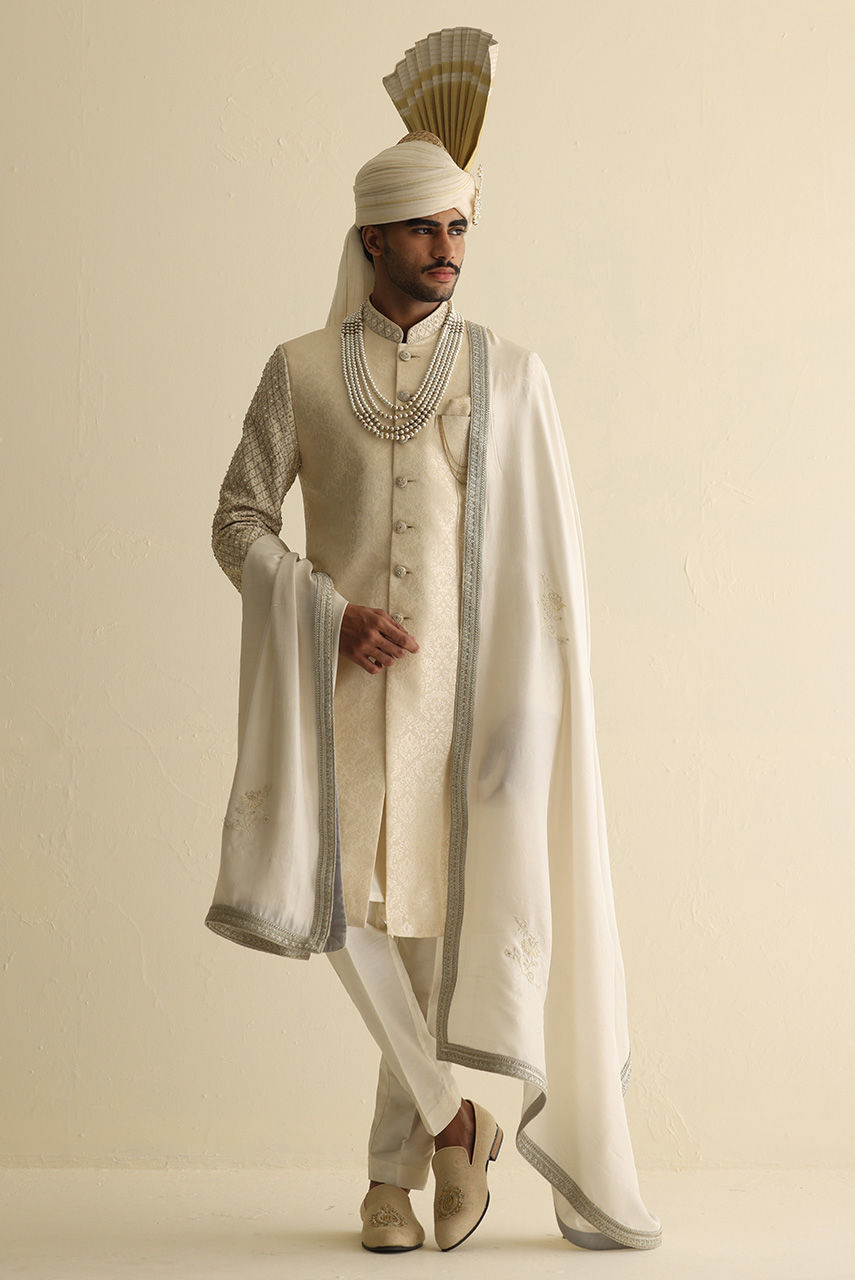 Off-White Gold Jamawar Groom Sherwani (3-Piece) - Image 4