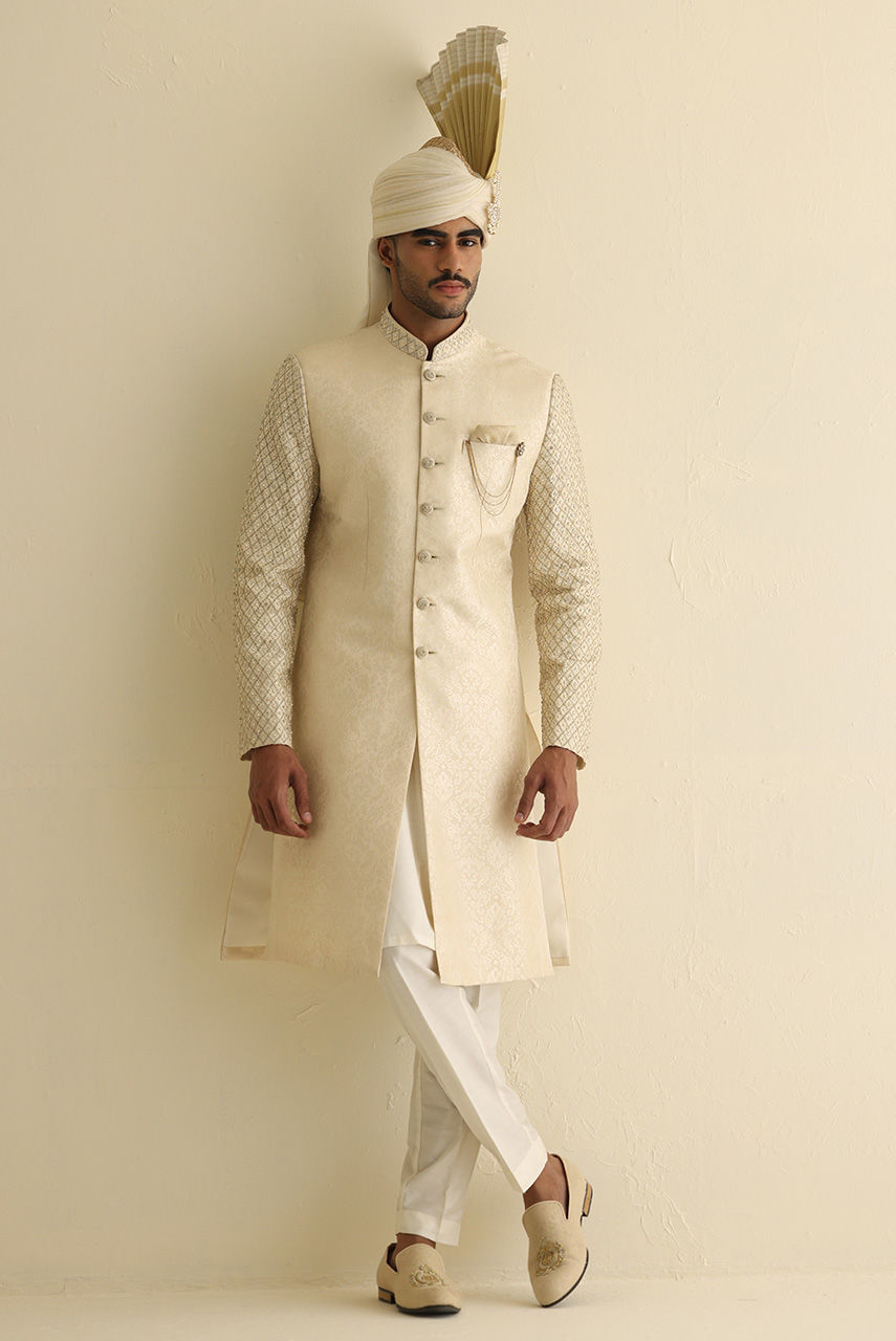 Off-White Gold Jamawar Groom Sherwani (3-Piece) - Image 5