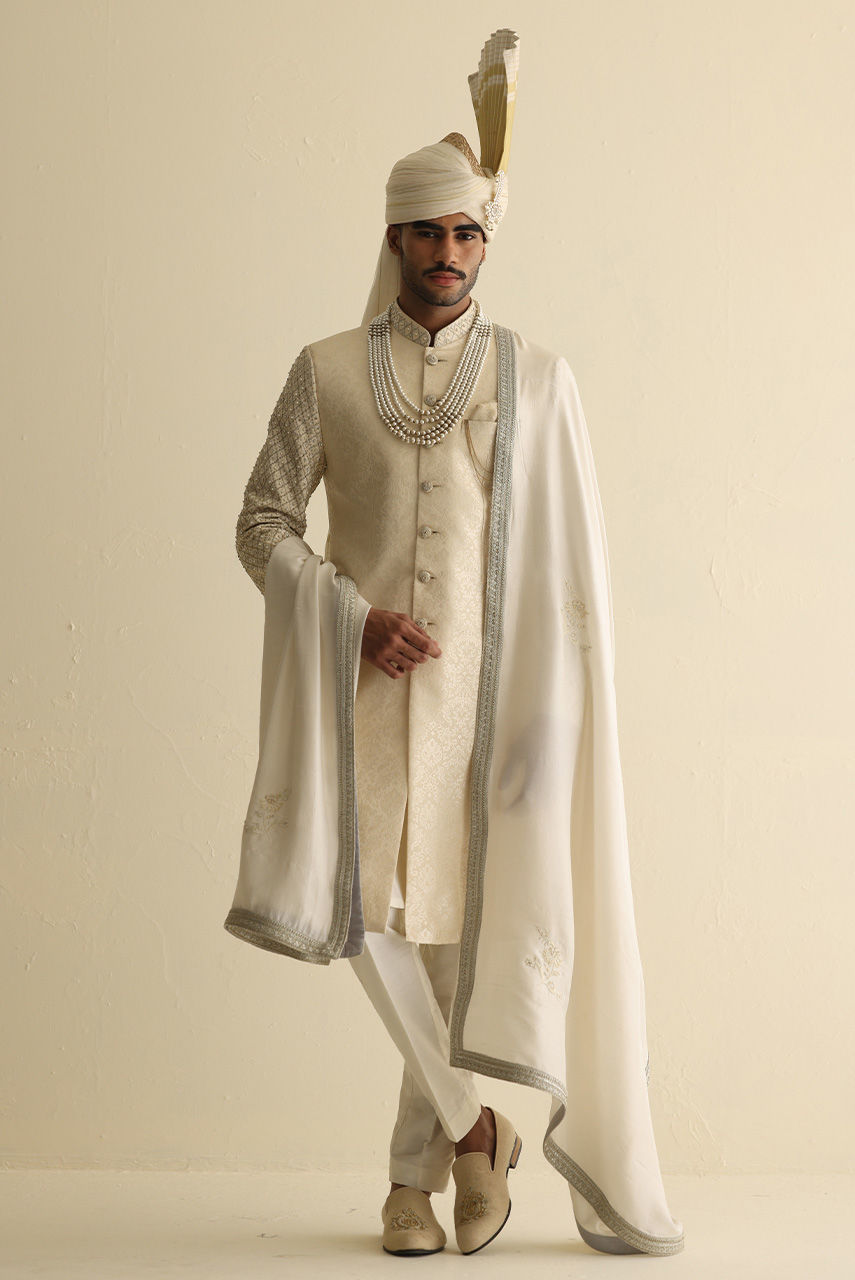 Off-White Gold Jamawar Groom Sherwani (3-Piece) - Image 6