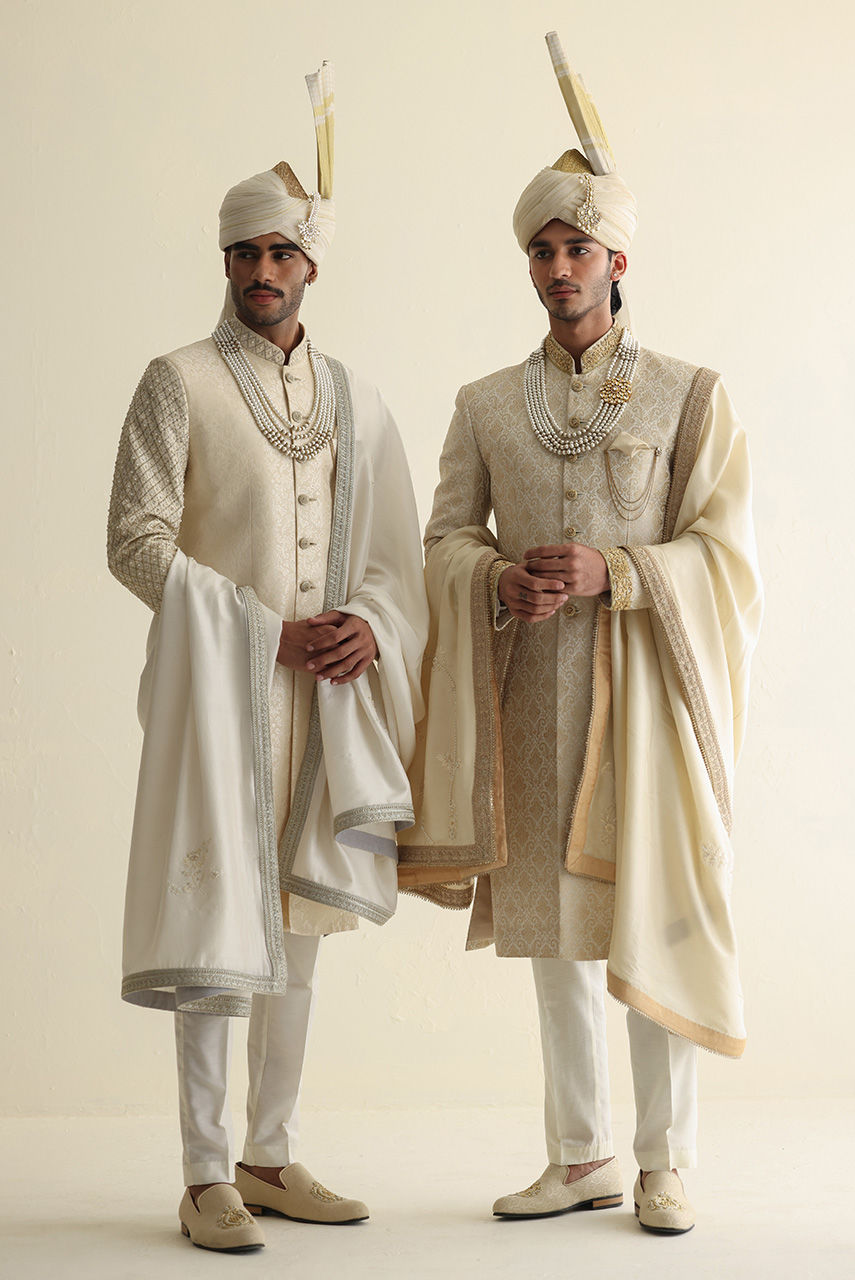 Off-White Gold Jamawar Groom Sherwani (3-Piece) - Image 7