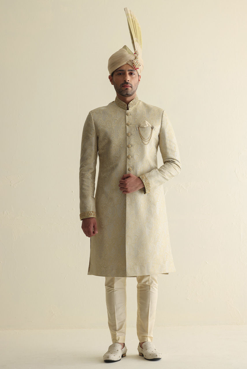 Off-White Hand-Embroidered Jamawar Sherwani (2-Piece) - Image 1