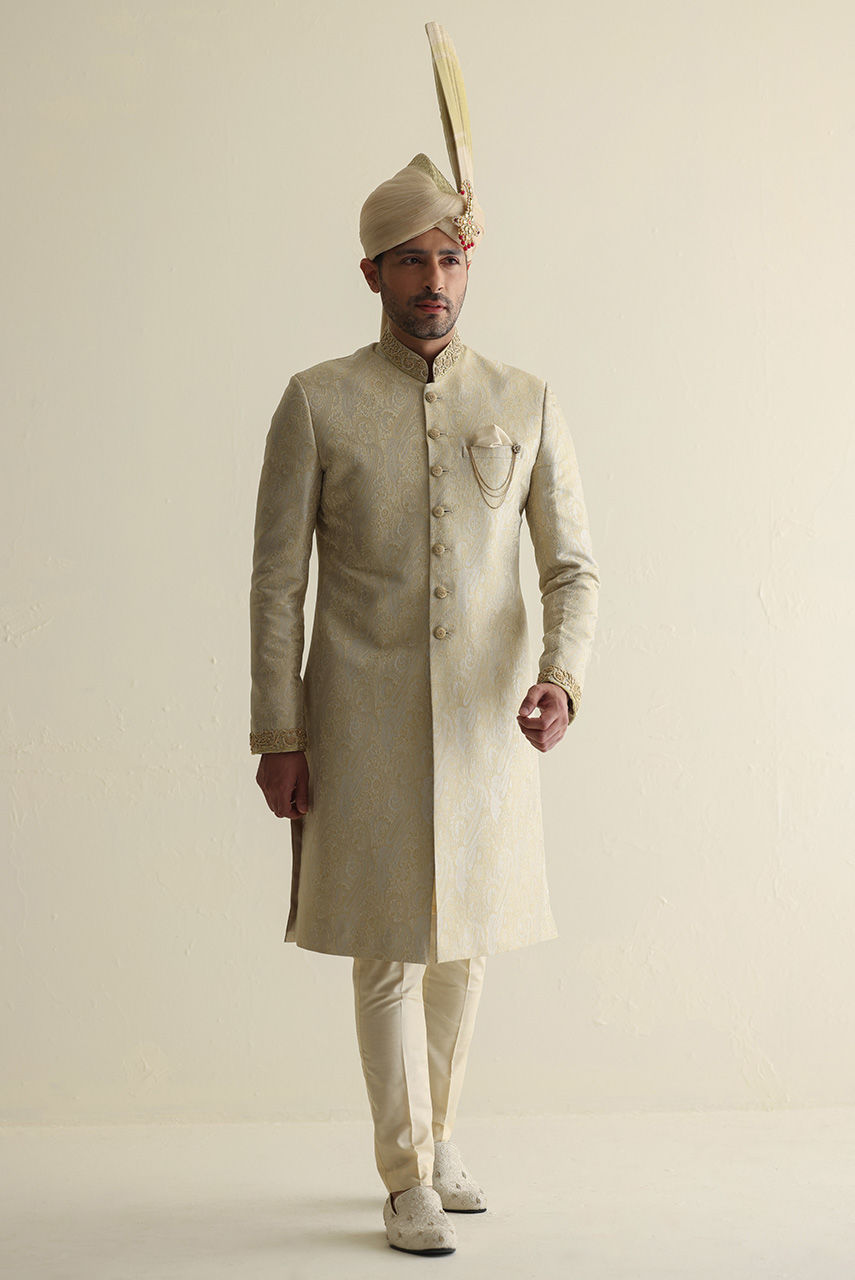 Off-White Hand-Embroidered Jamawar Sherwani (2-Piece) - Image 2