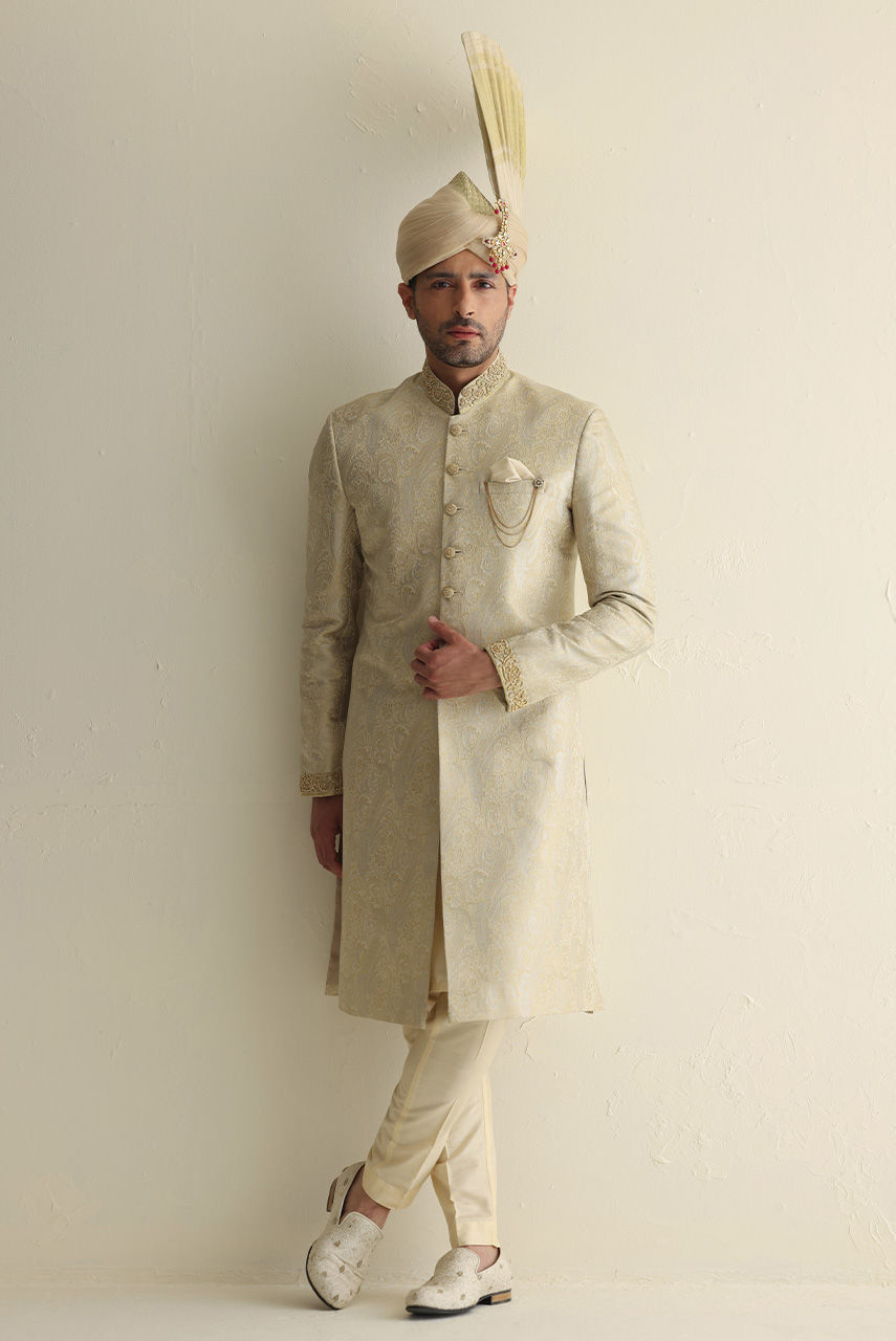 Off-White Hand-Embroidered Jamawar Sherwani (2-Piece) - Image 3