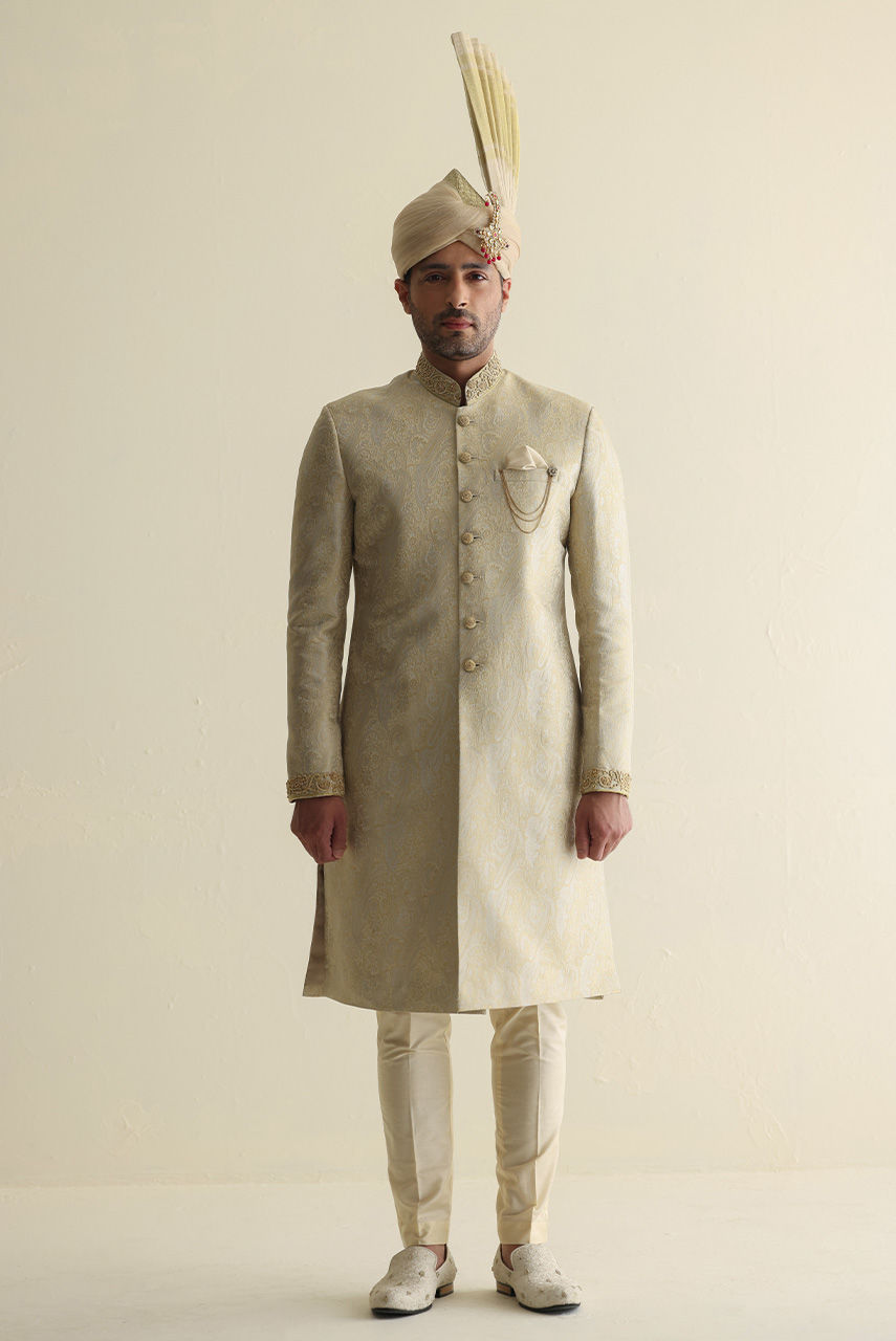 Off-White Hand-Embroidered Jamawar Sherwani (2-Piece) - Image 4