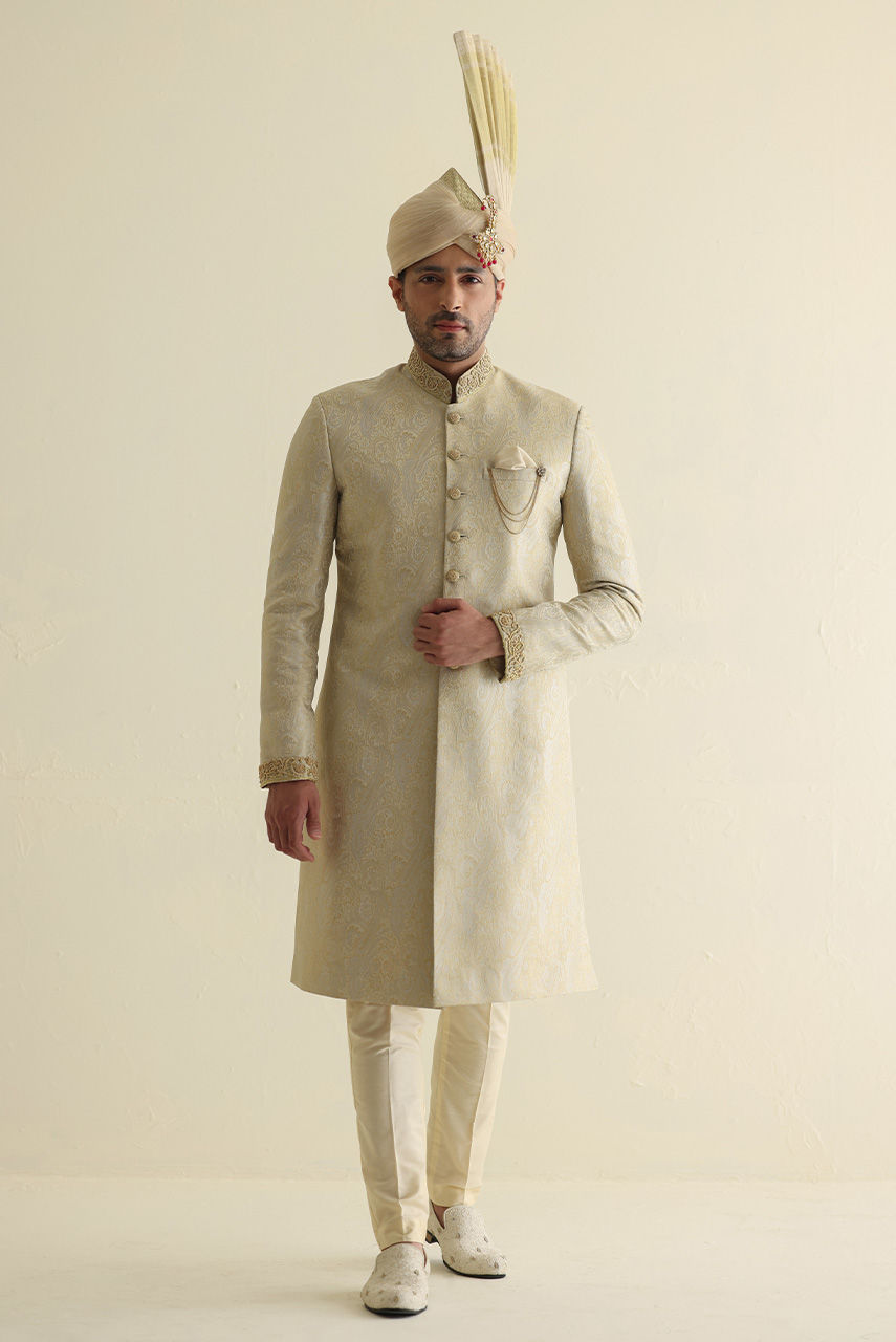 Off-White Hand-Embroidered Jamawar Sherwani (2-Piece) - Image 5
