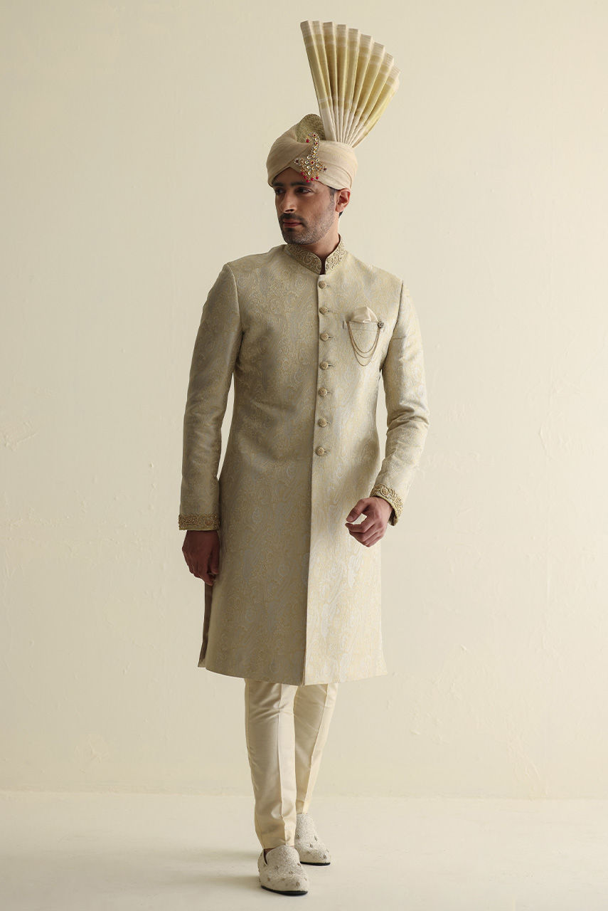 Off-White Hand-Embroidered Jamawar Sherwani (2-Piece) - Image 6