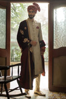 Off-White Hand-Embroidered Jamawar Sherwani (4-Piece) - Image 4