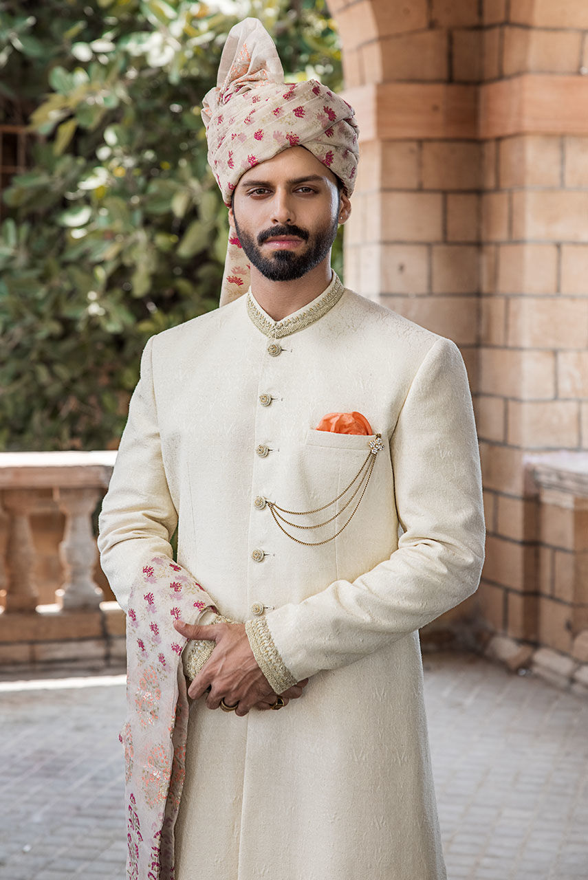 Off White Hand Embroidered Jamawar Sherwani (3-Piece) - Image 1