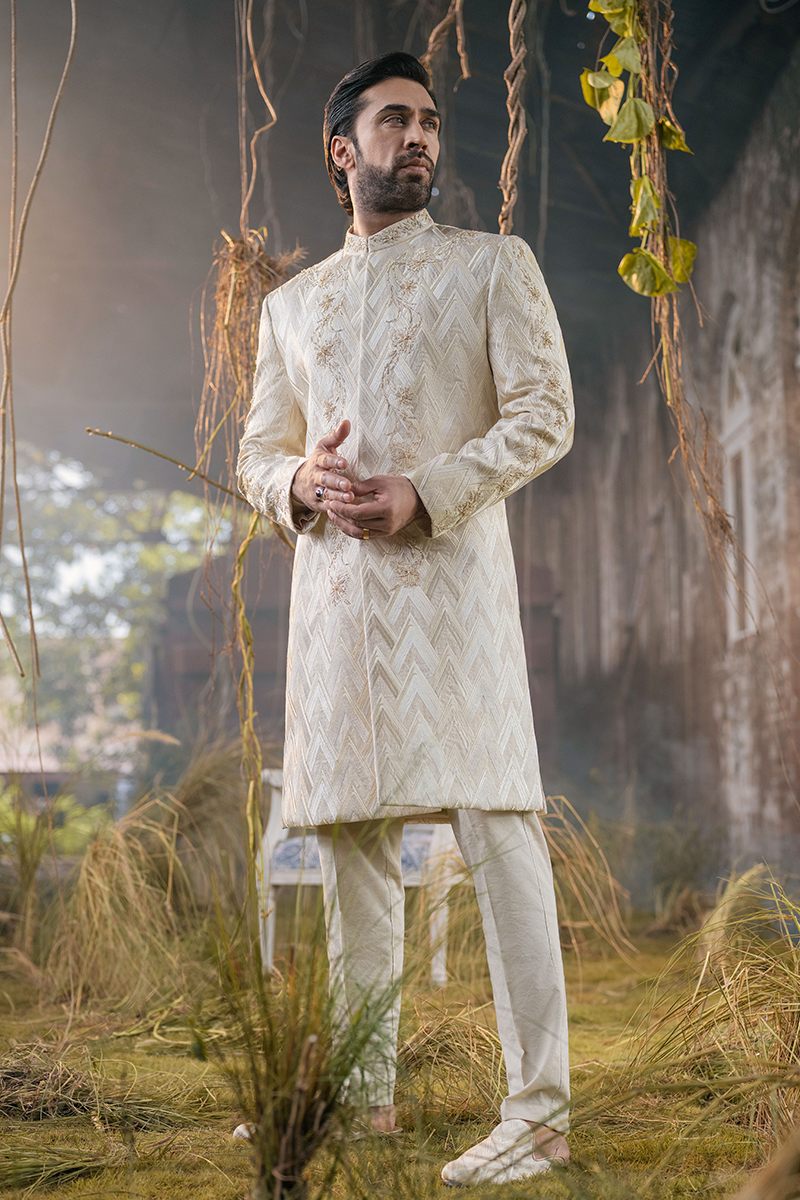 Off-White Floral Embroidered Jamawar Sherwani (2-Piece) - Image 2