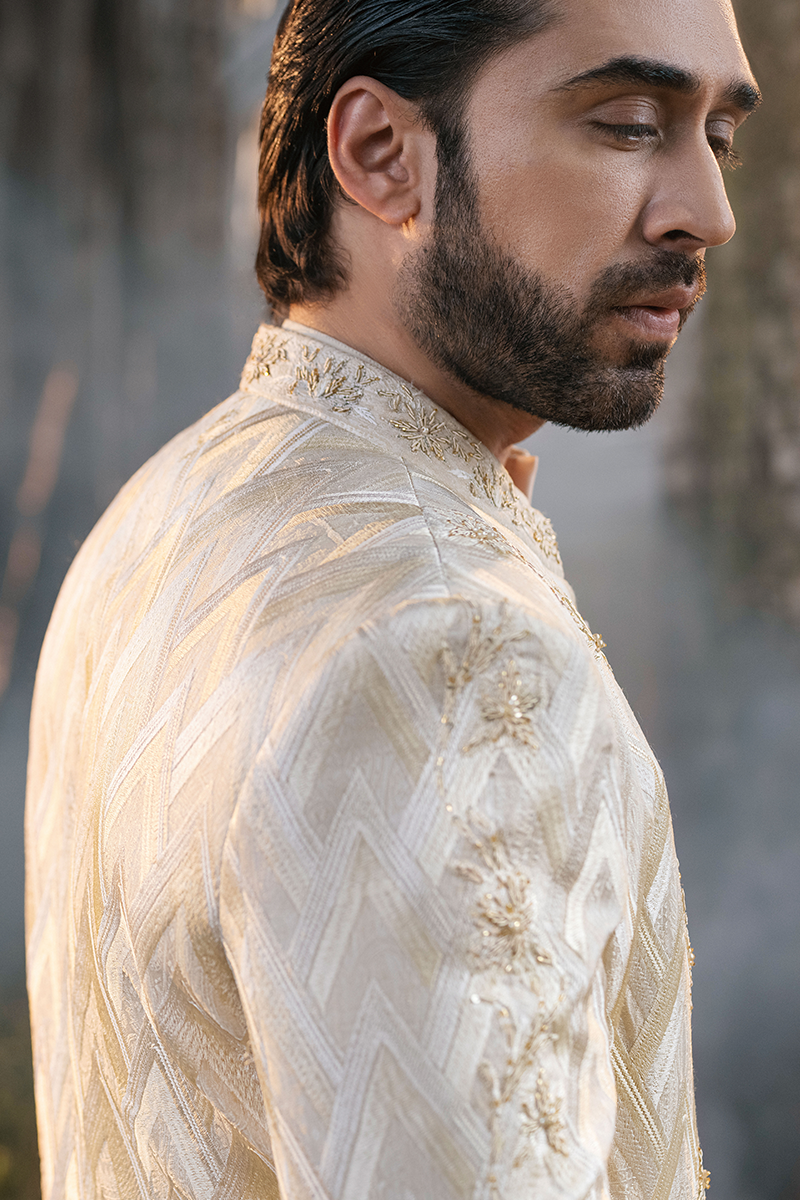 Off-White Floral Embroidered Jamawar Sherwani (2-Piece) - Image 6