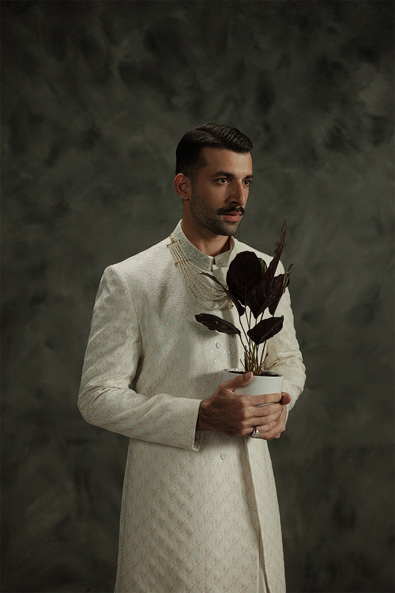 Ivory White Sequin Jamawar Sherwani (3-Piece) - Image 1