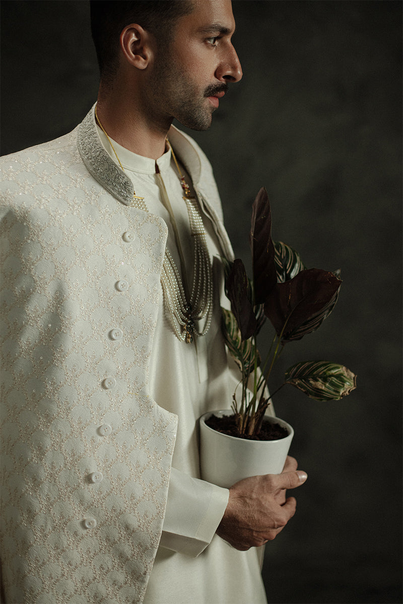 Ivory White Sequin Jamawar Sherwani (3-Piece) - Image 3