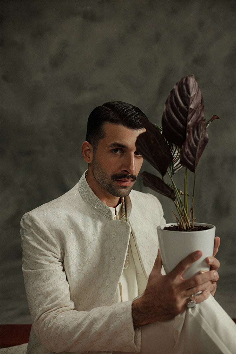 Ivory White Sequin Jamawar Sherwani (3-Piece) - Image 7