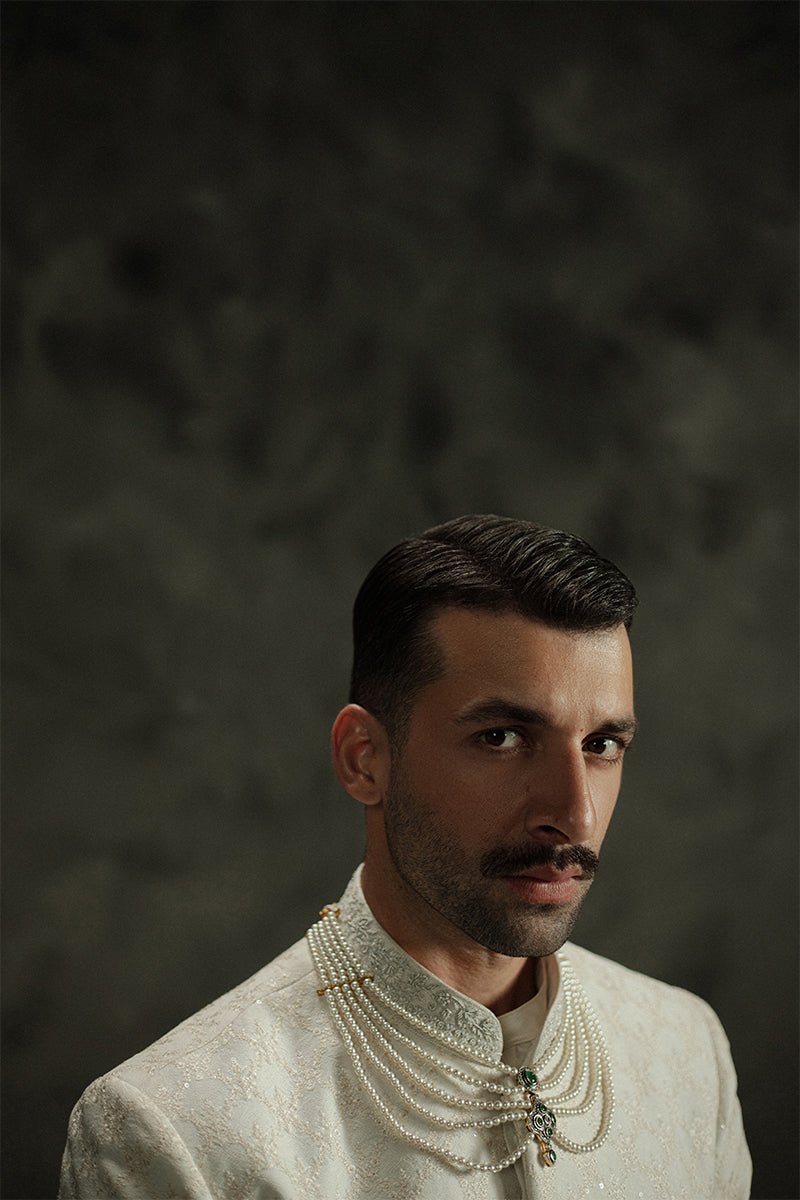 Ivory White Sequin Jamawar Sherwani (3-Piece) - Image 9