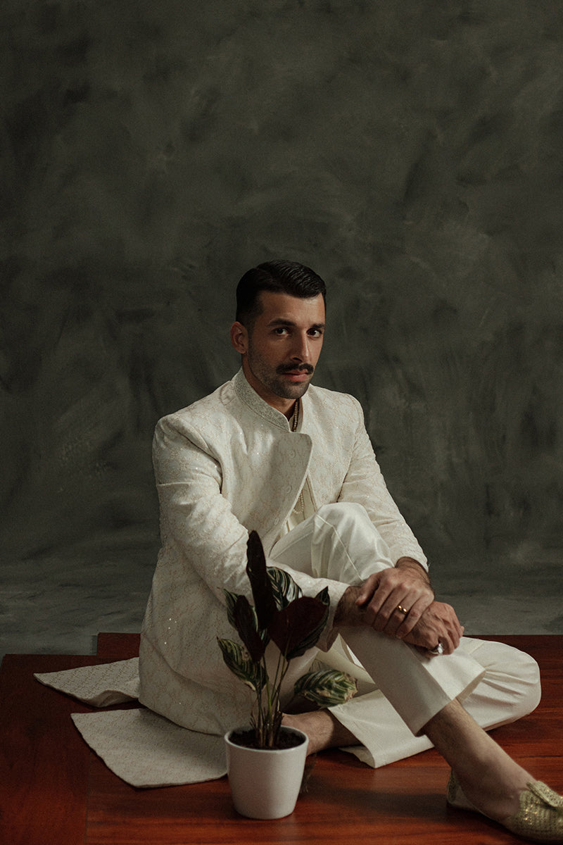 Ivory White Sequin Jamawar Groom Sherwani (3-Piece) - Image 10