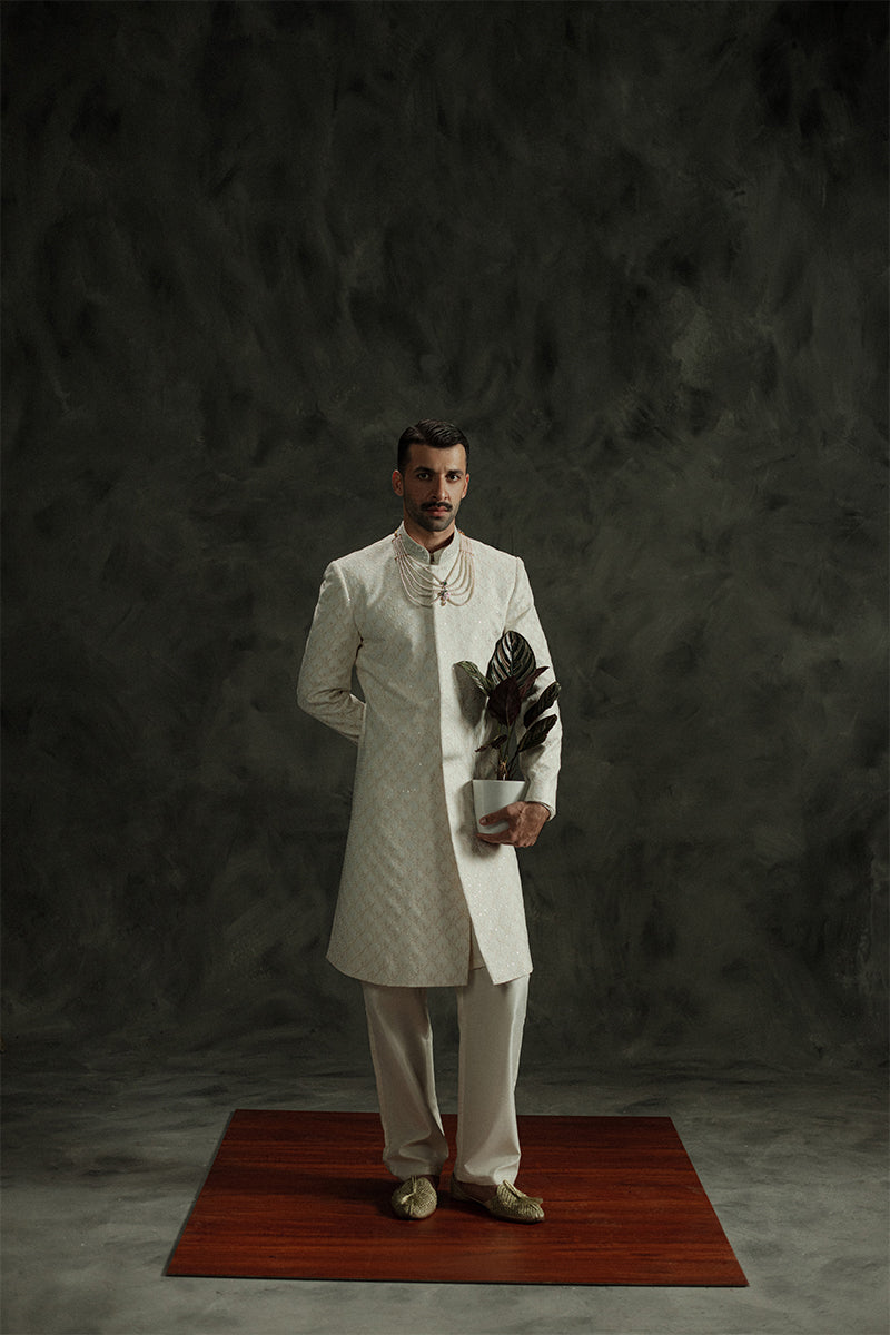 Ivory White Sequin Jamawar Groom Sherwani (3-Piece) - Image 2