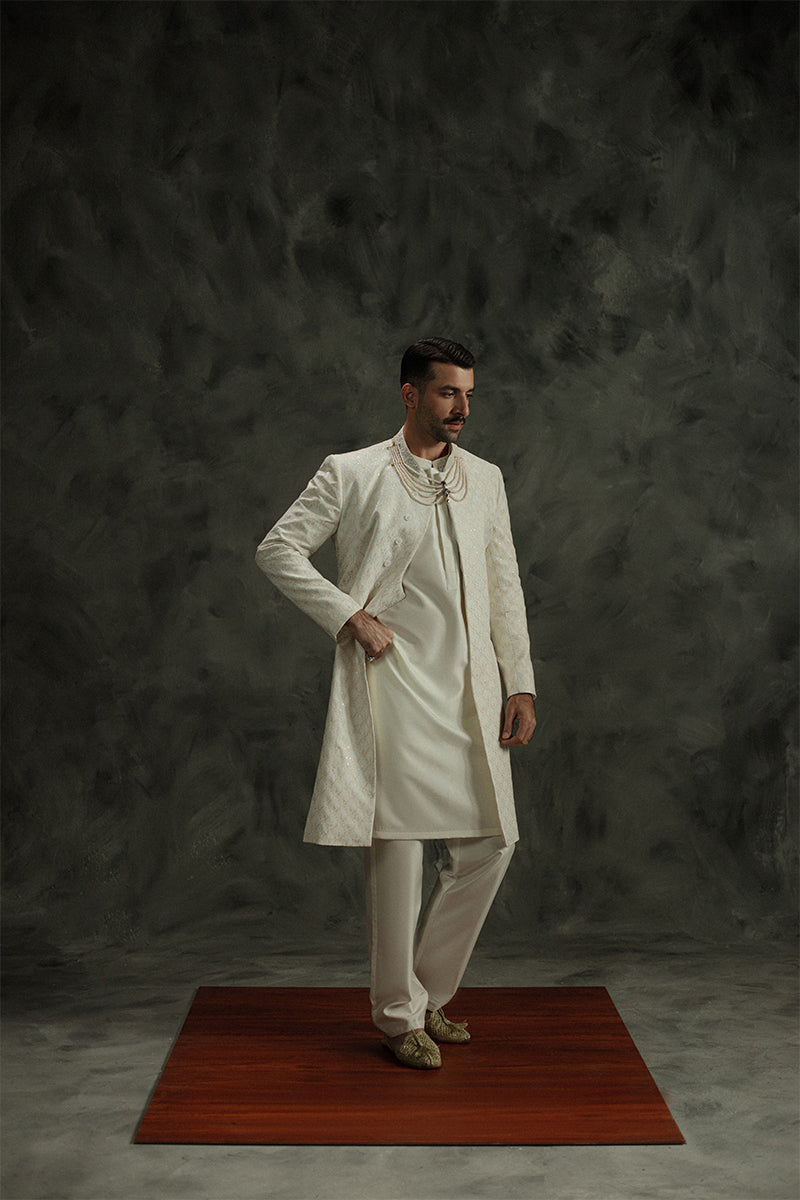 Ivory White Sequin Jamawar Groom Sherwani (3-Piece) - Image 4