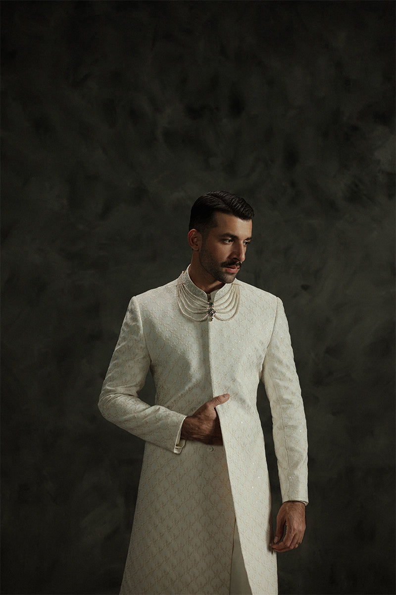 Ivory White Sequin Jamawar Groom Sherwani (3-Piece) - Image 5