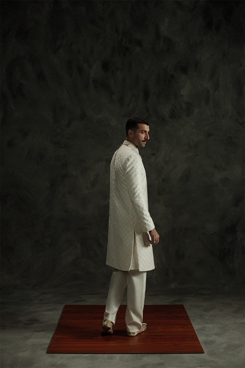 Ivory White Sequin Jamawar Groom Sherwani (3-Piece) - Image 6