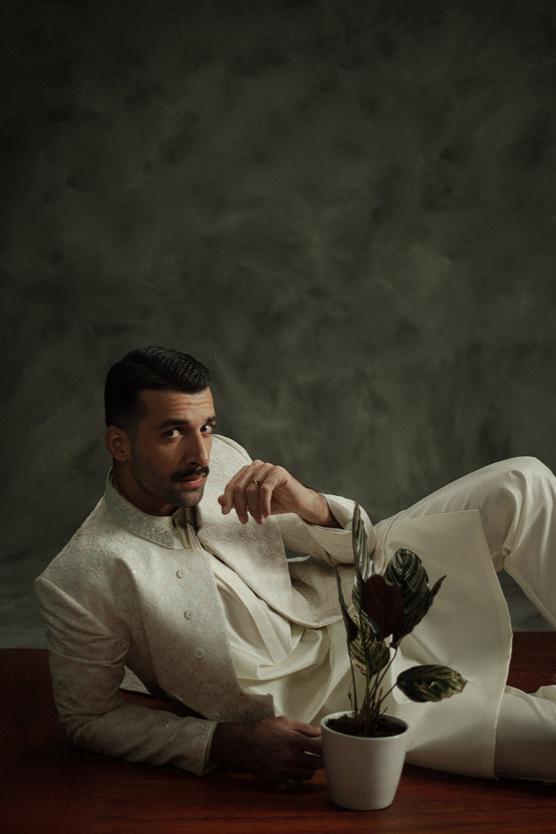 Ivory White Sequin Jamawar Groom Sherwani (3-Piece) - Image 8