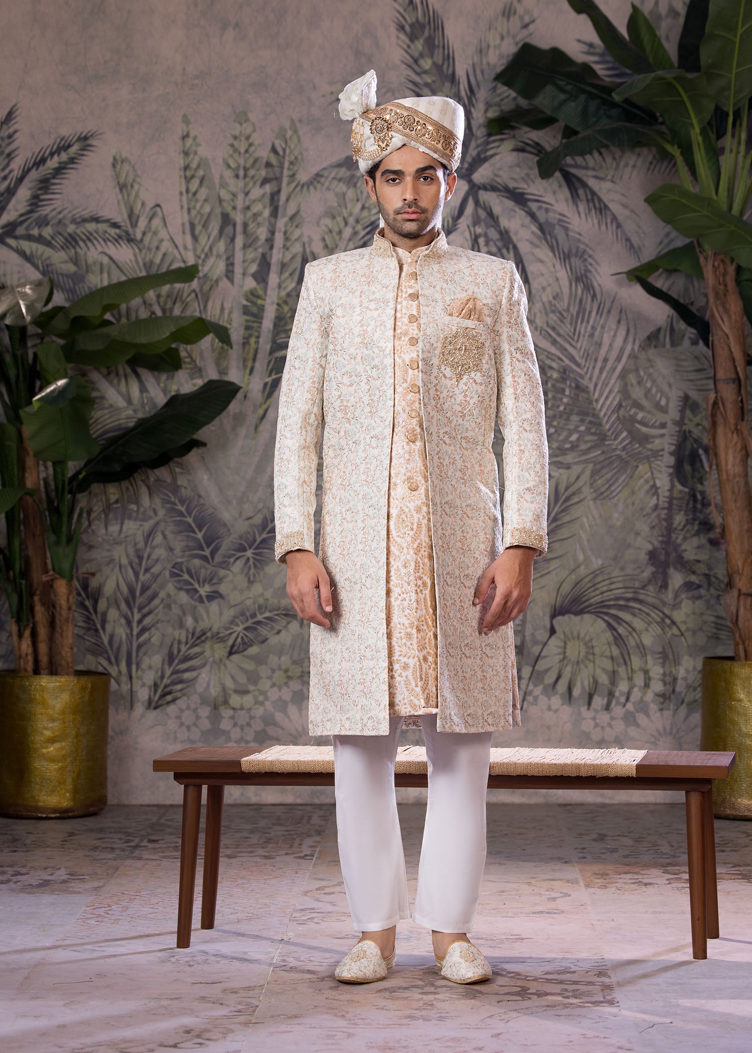 Off-White Hand-Embroidered Jamawar Sherwani (5-Piece) - Image 1
