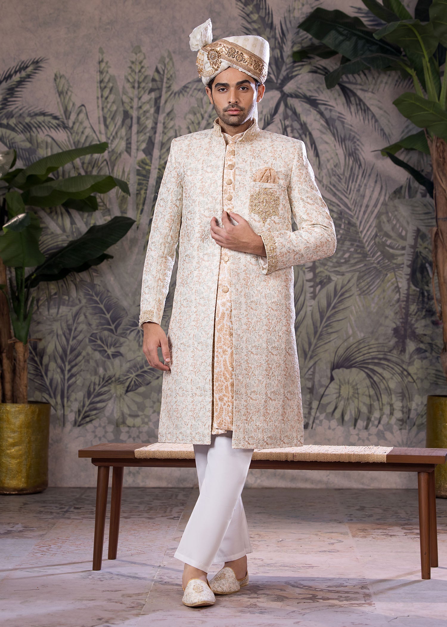 Off-White Hand-Embroidered Jamawar Sherwani (5-Piece) - Image 2