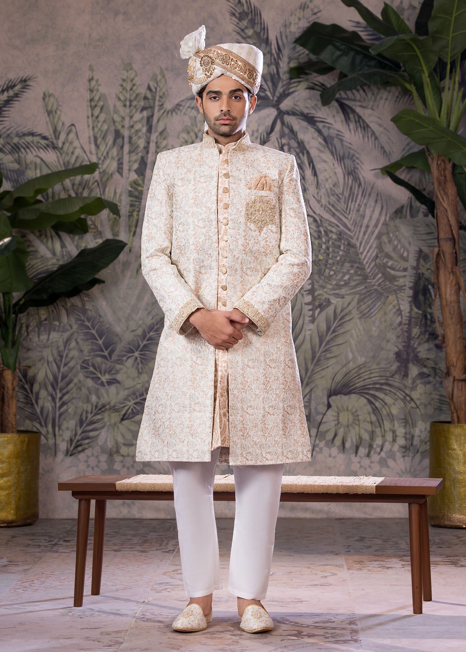 Off-White Hand-Embroidered Jamawar Sherwani (5-Piece) - Image 3