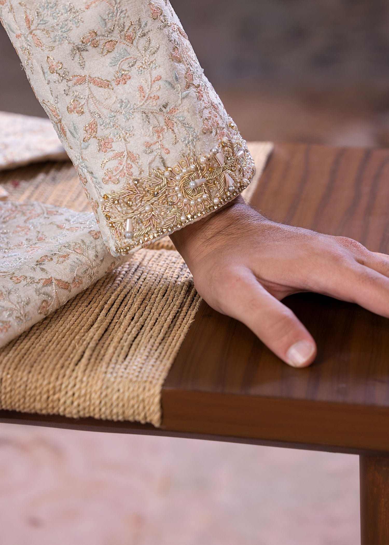 Off-White Hand-Embroidered Jamawar Sherwani (5-Piece) - Image 6