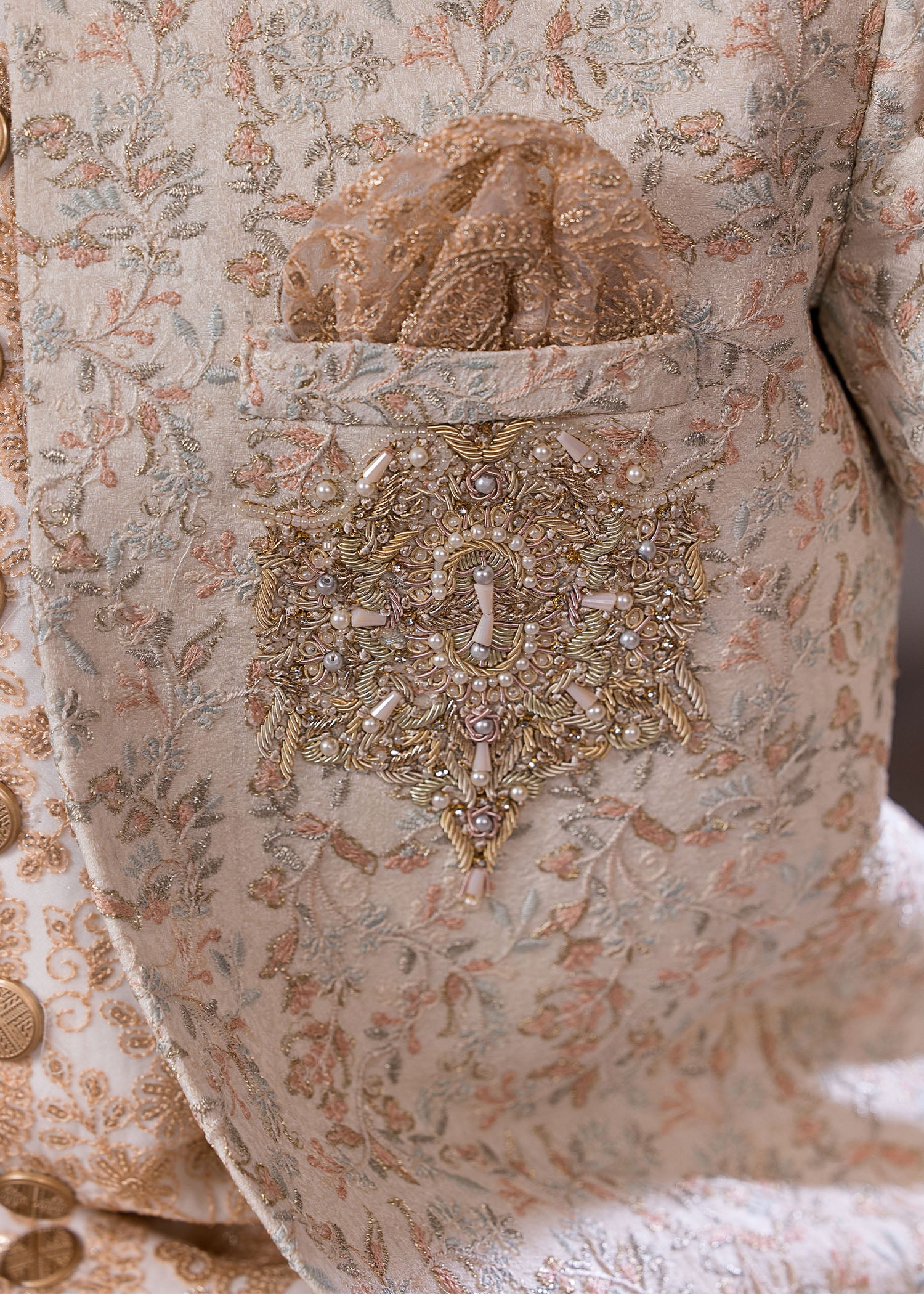 Off-White Hand-Embroidered Jamawar Sherwani (5-Piece) - Image 7