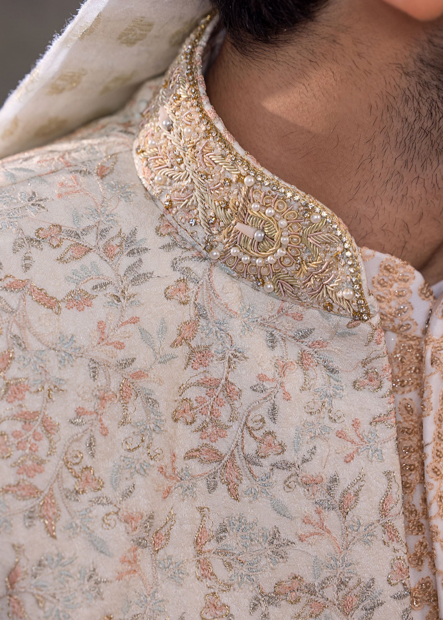 Off-White Hand-Embroidered Jamawar Sherwani (5-Piece) - Image 8