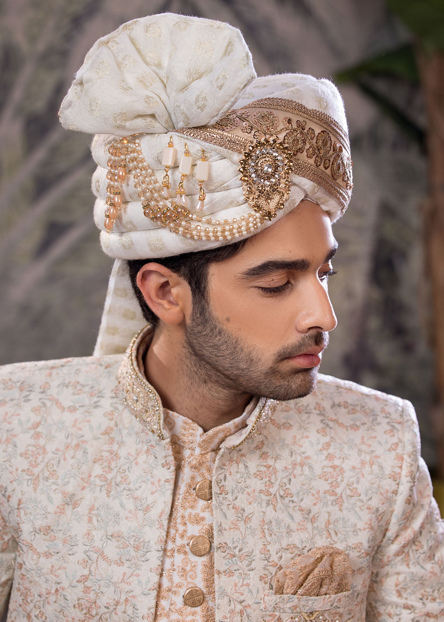 Off-White Hand-Embroidered Jamawar Sherwani (5-Piece) - Image 9