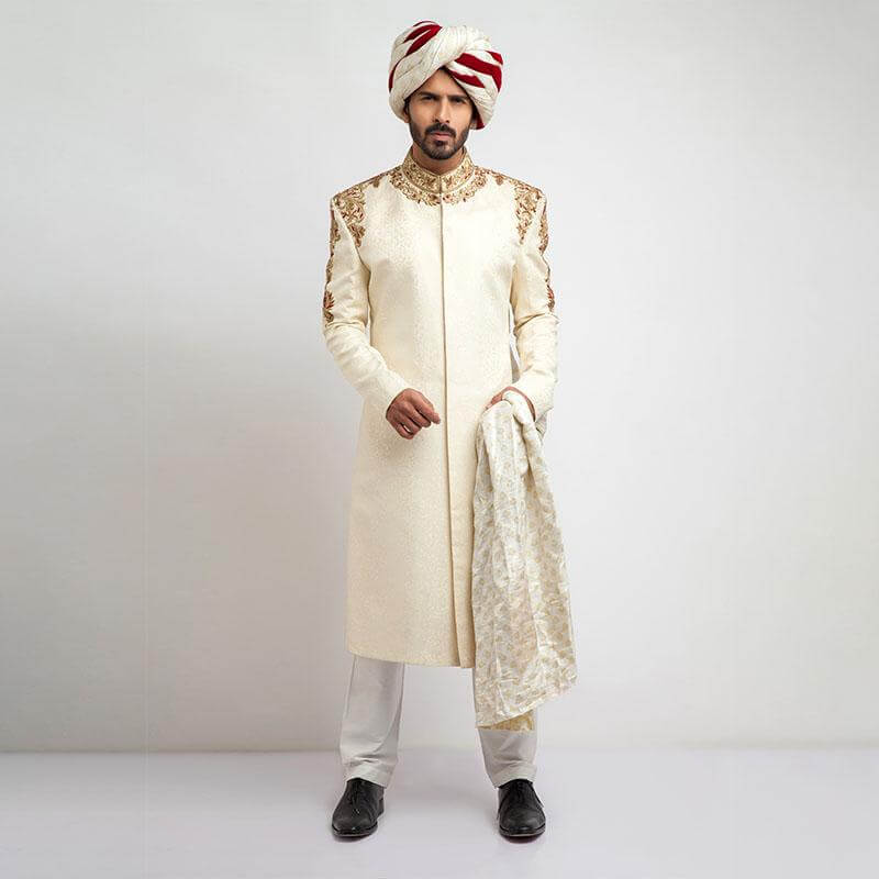 Ivory Zardozi Embroidered Jamawar Silk Sherwani (3-Piece) - Image 1