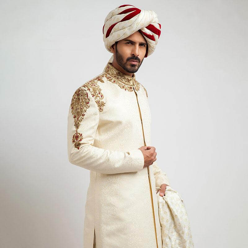 Ivory Zardozi Embroidered Jamawar Silk Sherwani (3-Piece) - Image 2