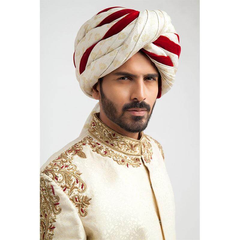 Ivory Zardozi Embroidered Jamawar Silk Sherwani (3-Piece) - Image 3