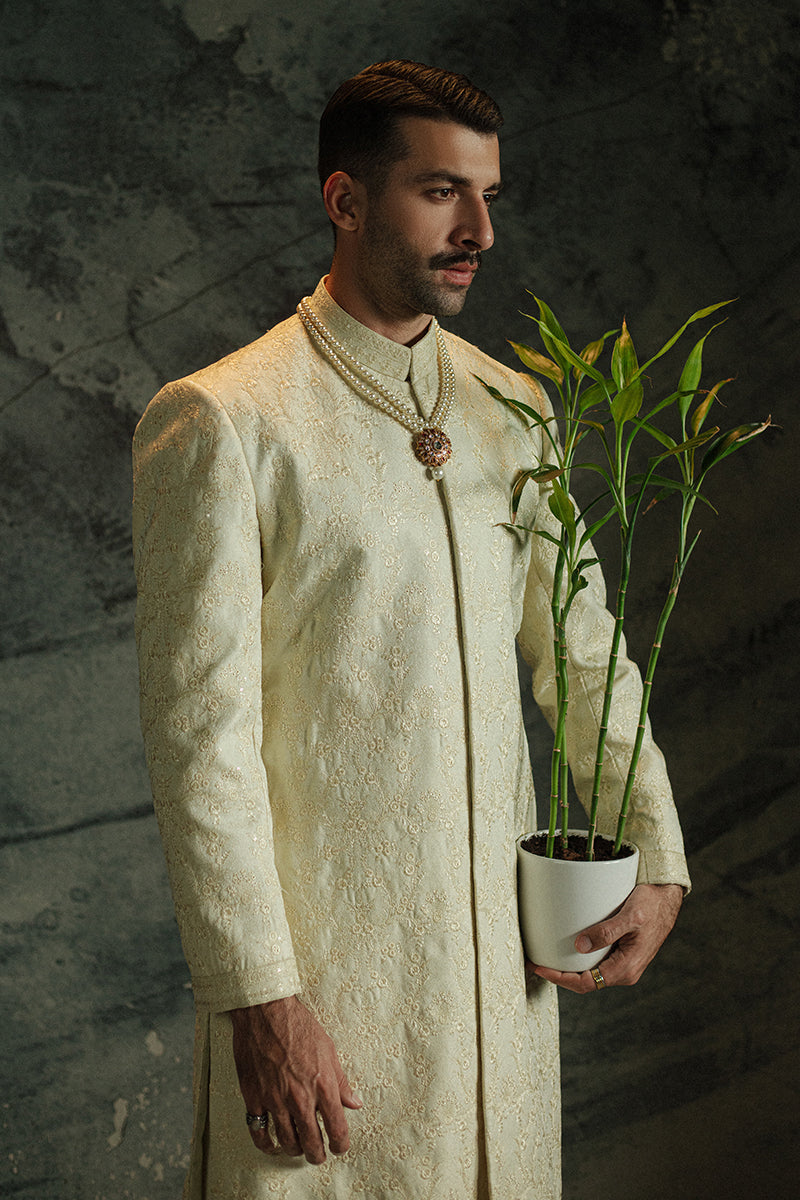 Vanilla Jamawar Sherwani with Floral & Geometric Patterns (2-Piece) - Image 2