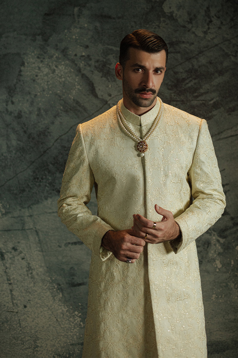 Vanilla Jamawar Sherwani with Floral & Geometric Patterns (2-Piece) - Image 3