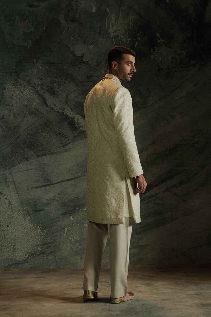 Vanilla Jamawar Sherwani with Floral & Geometric Patterns (2-Piece) - Image 5