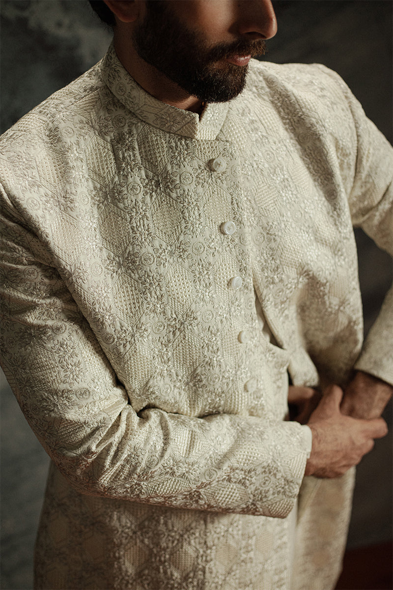 Ivory Beige Embroidered Jamawar Sherwani (2-Piece) - Image 6