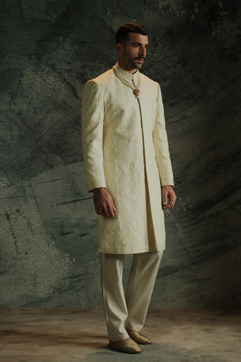 Vanilla Jamawar Groom Sherwani with Floral & Geometric Motifs (2-Piece) - Image 1