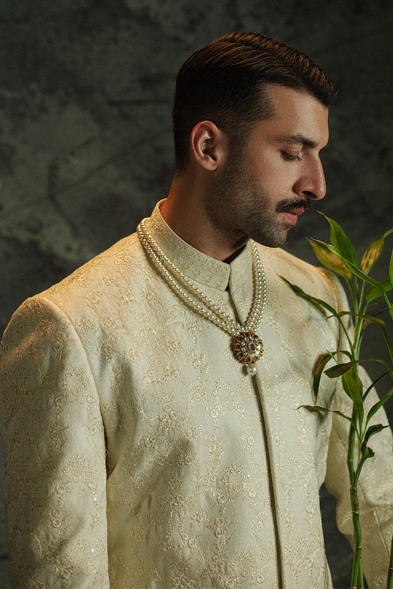 Vanilla Jamawar Groom Sherwani with Floral & Geometric Motifs (2-Piece) - Image 4