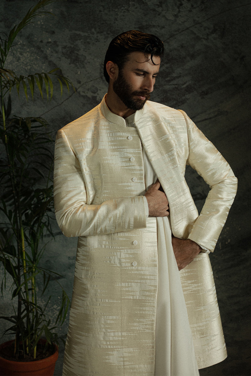 Ivory White Chevron Jamawar Groom Sherwani (3-Piece) - Image 2