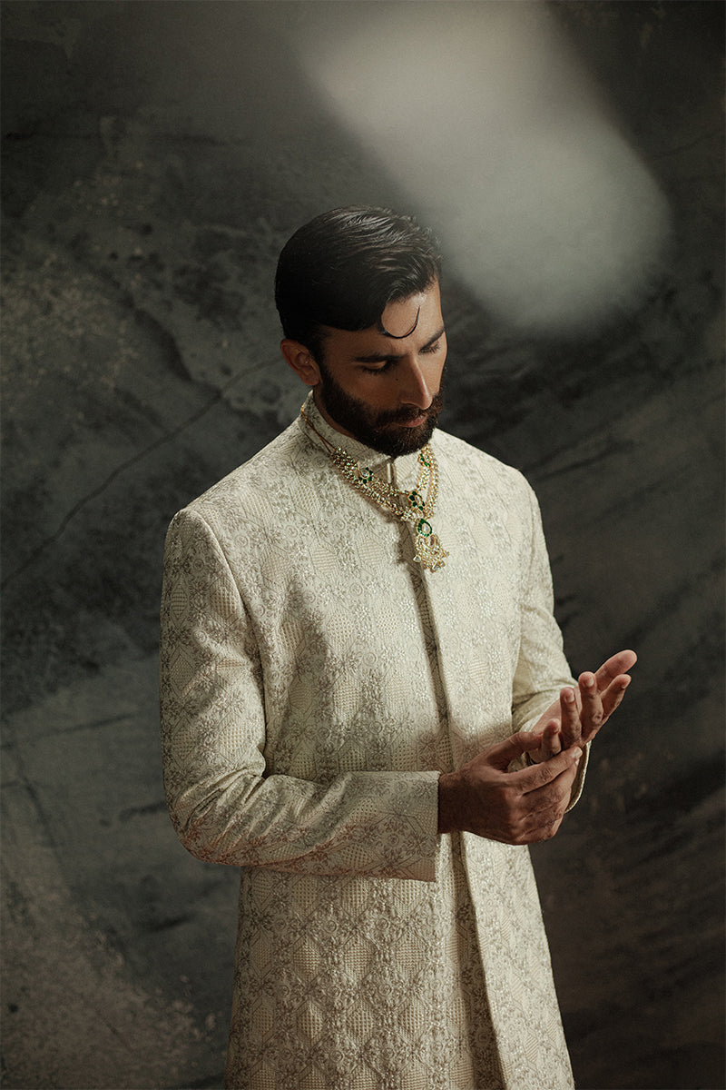 Ivory Beige Embroidered Jamawar Sherwani (2-Piece) - Image 18