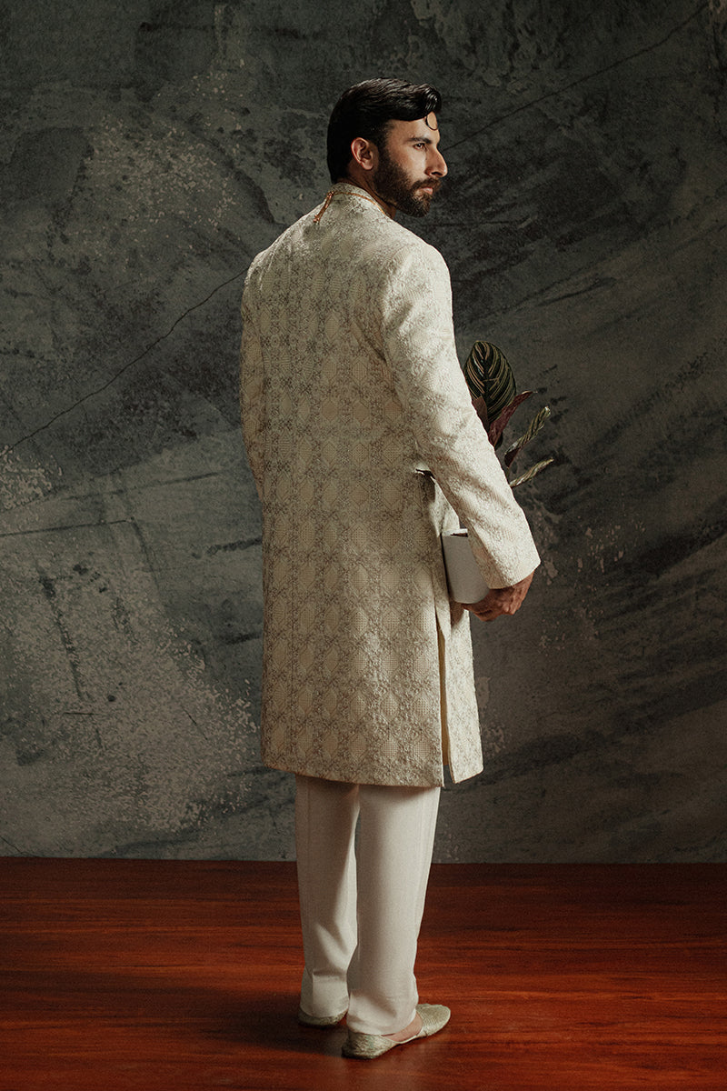 Ivory Beige Jamawar Sherwani with Tone-on-Tone Embroidery (2-Piece) - Image 10