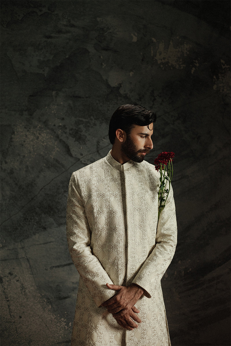 Ivory Beige Jamawar Sherwani with Tone-on-Tone Embroidery (2-Piece) - Image 15