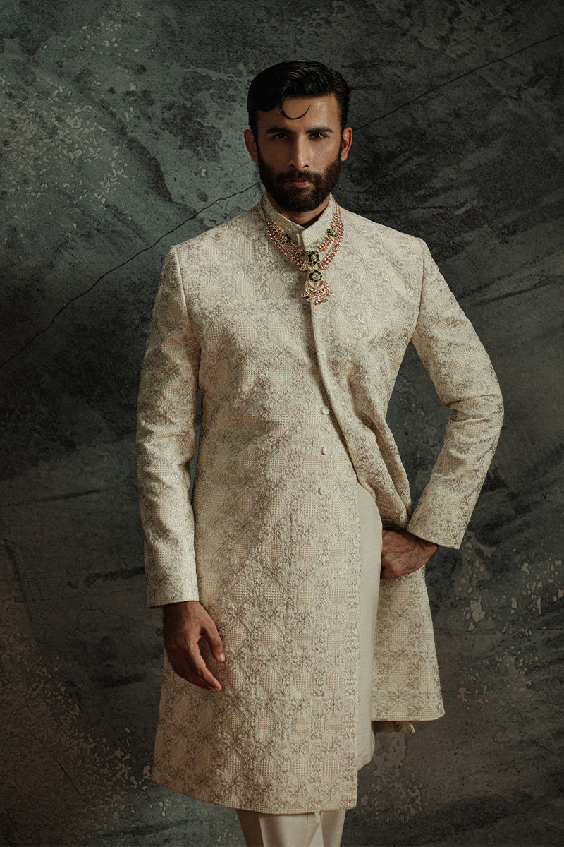 Ivory Beige Jamawar Sherwani with Tone-on-Tone Embroidery (2-Piece) - Image 5