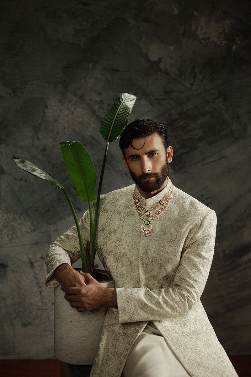 Ivory Beige Jamawar Sherwani with Tone-on-Tone Embroidery (2-Piece) - Image 7