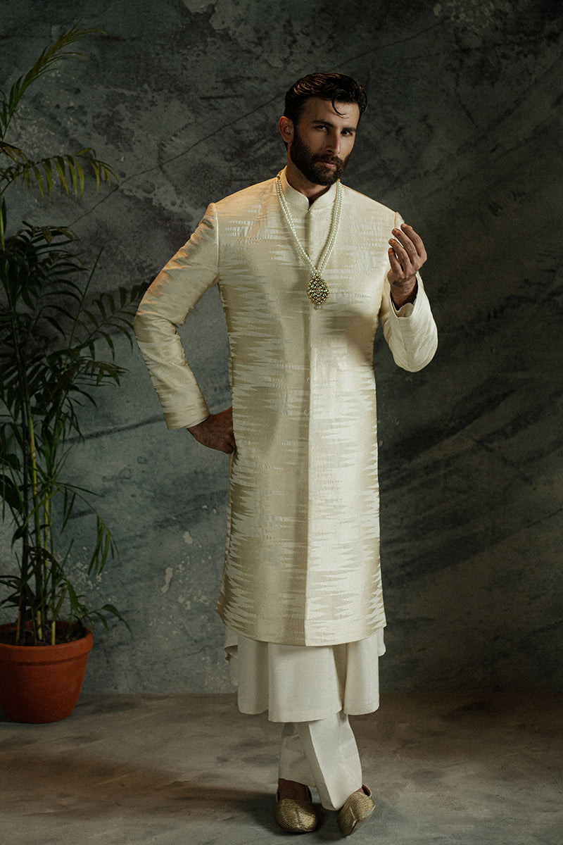 Ivory White Chevron Embroidered Jamawar Sherwani (3-Piece) - Image 5